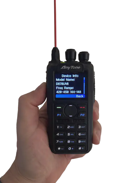 anytone d878uvii front view with red signal stick antenna attached screen on displaying model name and frequency black textured body two control knobs lcd display control buttons numeric keypad