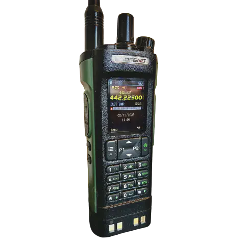 baofeng btech dm 32 uv front angled view with black antenna attached green smooth side black textured body two control knobs lcd display control buttons numeric keypad