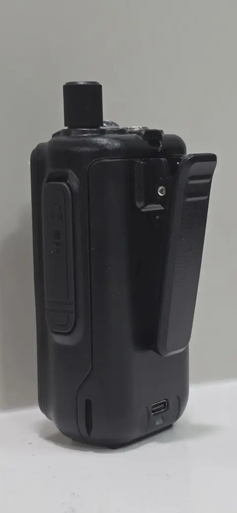 baofeng btech uv 5r mini back view black textured body single control knob belt clip usb c charging port