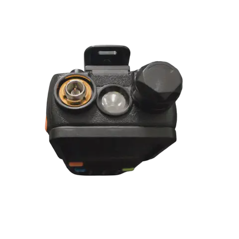 baofeng btech 5rm top view showing sma m connector without antenna black textured body single control knob led flashlight