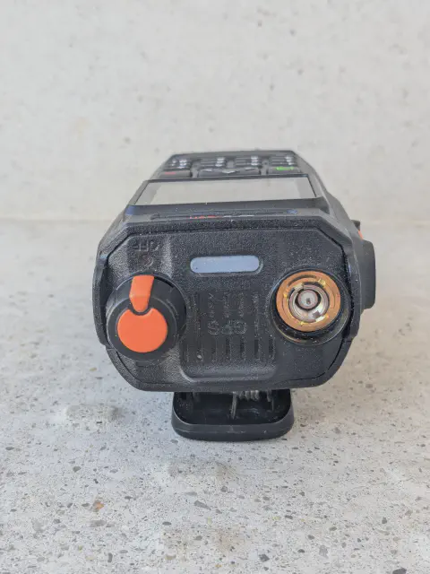 baofeng btech uv pro top view showing sma m connector without antenna black textured body single control knob