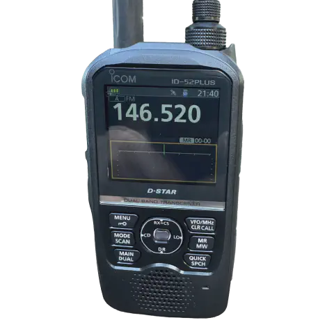 icom id 52 front view with black antenna attached black textured body sigle stacked control knob lcd display numeric keypad control buttons speaker grille