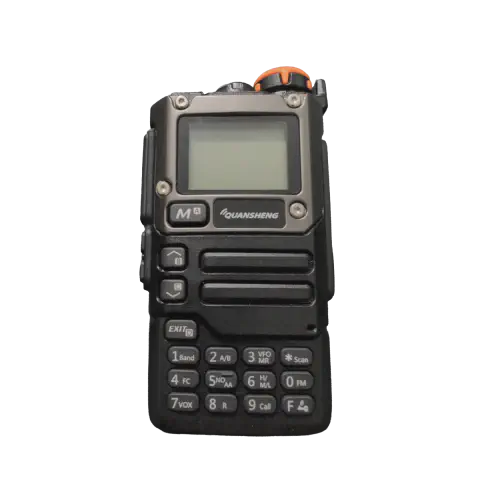 quansheng uvk6 k5 8 front view without antenna metallic smooth and black textured body single control knob lcd display control buttons speaker grille numeric keypad