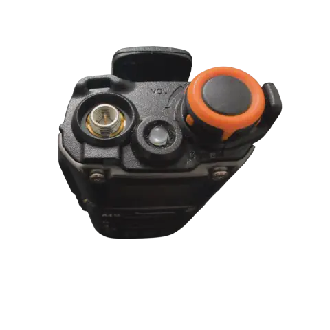 quansheng uvk6 k5 8 top view showing sma m connector without antenna metallic smooth and black textured body single control knob led flashlight