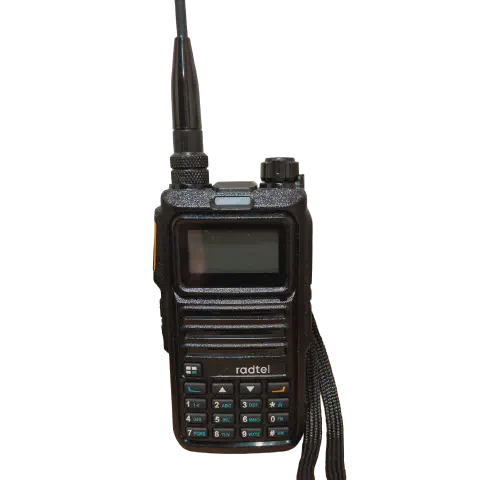 radtel rt 4d front view with black antenna attached black textured body single control knob lcd display numeric keypad control buttons speaker grille