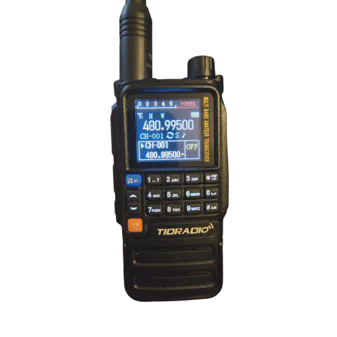 tidradio td h3 front view with black antenna attached black textured body single control knob lcd display numeric keypad function keys speaker grille